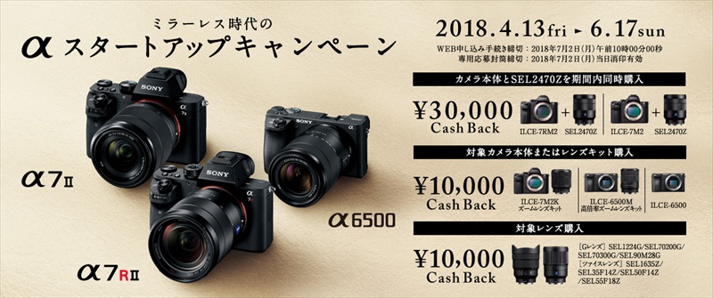 ミラーレス時代のαスタートアップキャンペーン α6500 ミラーレスカメラ α7Ⅱ キャッシュバック