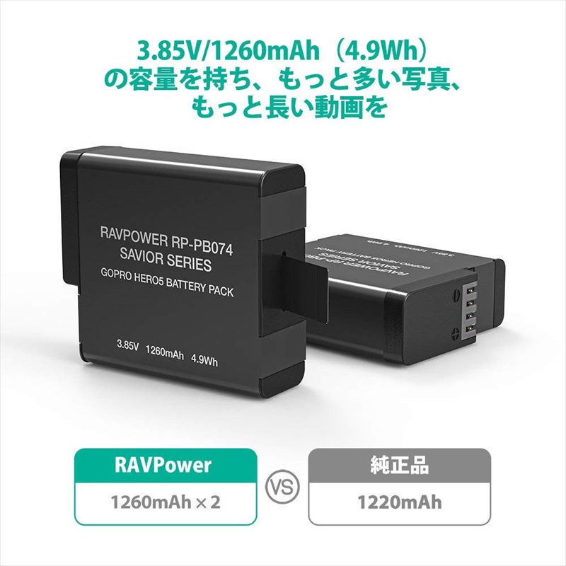 GoProHero6やHero5Blackの互換バッテリー『RP-PB074』